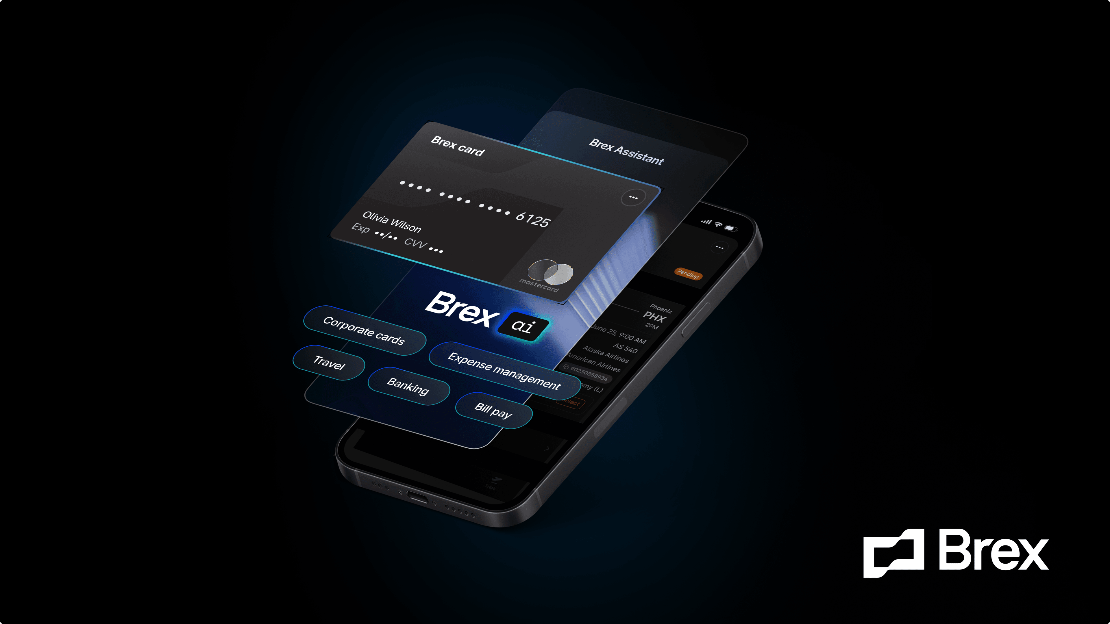 A cell phone with a brex card popping out of the screen. Below the card it says Brex AI.