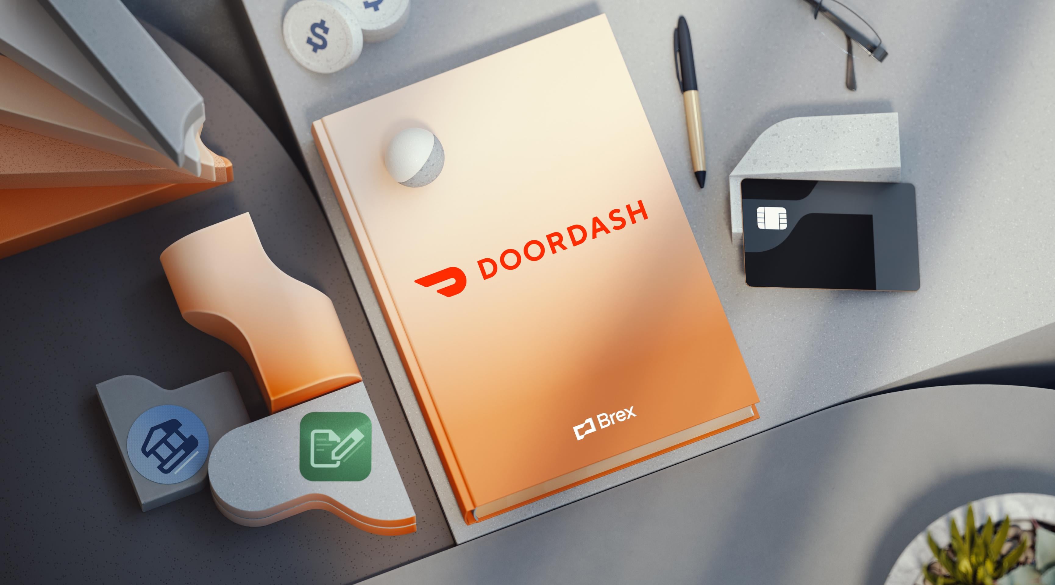 A Brex credit card and a notebook that says Doordash are on a table.
