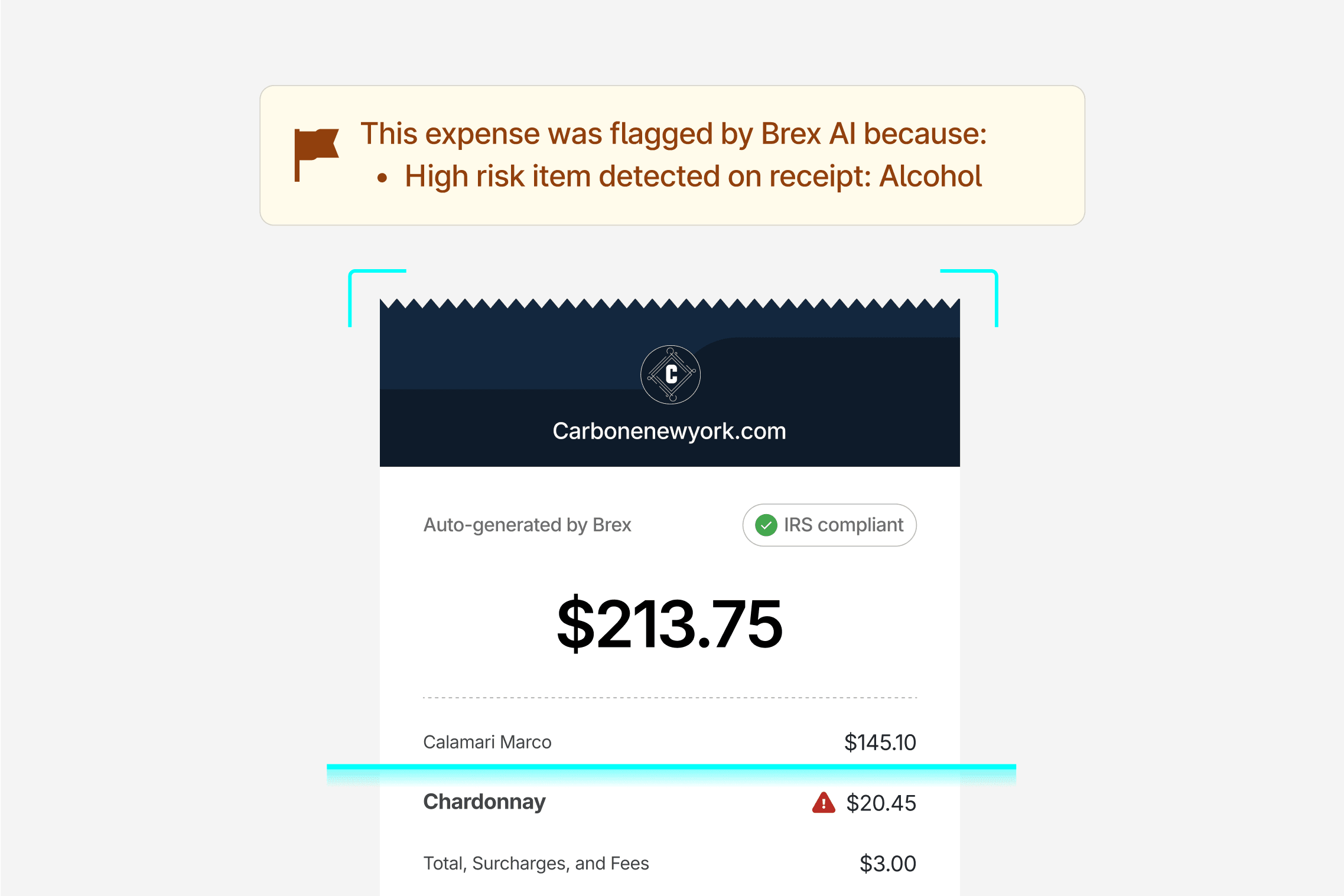 Alcohol on an uploaded receipt being flagged by Brex AI.