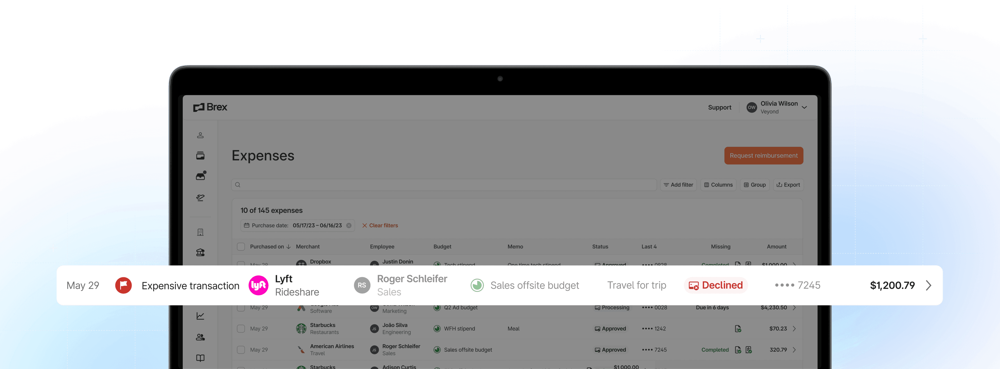 An expense report in Brex that shows an employee getting rejected for spending $1,200.79 on lyft during an offsite.