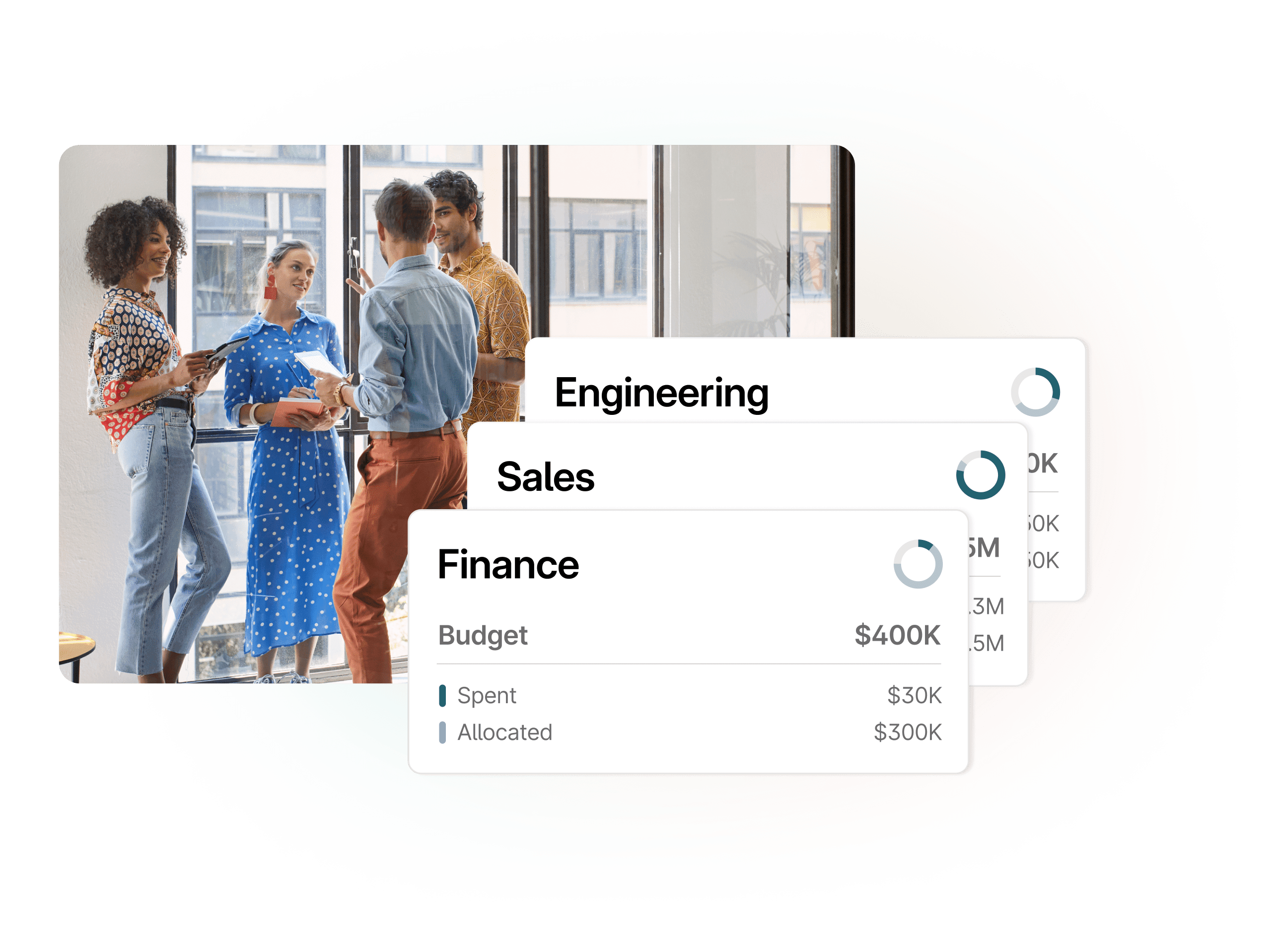 Four people speaking about budgets for engineering, sales, and finance.