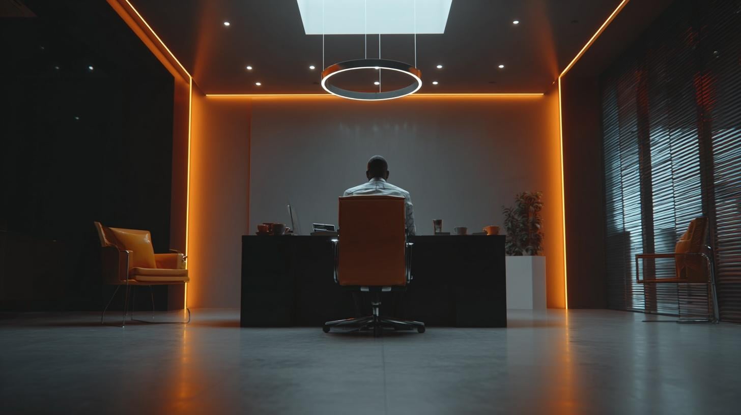 A CFO at his desk, sleek modern design, minimalist style, clean lines, professional business aesthetic, brand colors of orange and black accents, cinematic lighting, 4K resolution, --ar 16:9 --v 7 Job ID: f130e77e-59b7-4791-bea2-86af60efaa90