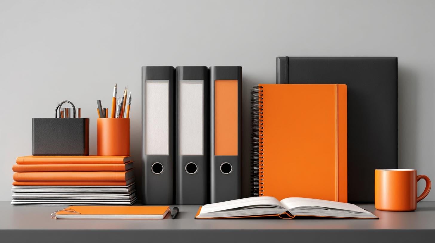 A procurement managers desk with binders and notebooks on it. Use a minimalist design with a orange and black color palette. Corporate photography style, hyper-realistic style, 8k resolution, ar 16:9 --ar 16:9 --v 7 Job ID: 2a7d1d05-f1f6-4c71-8834-636177c644bc