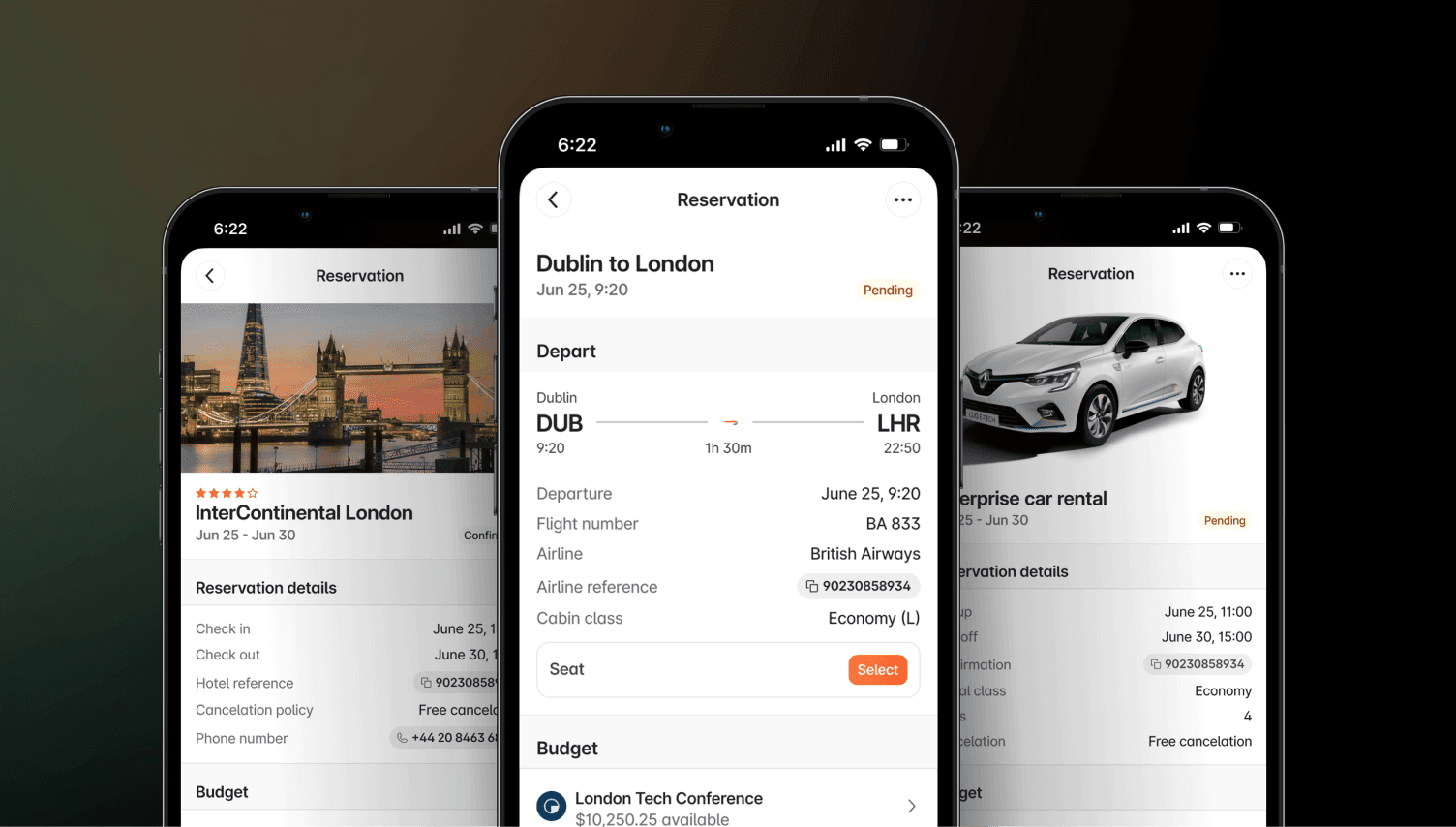 Three phones displaying travel reservations